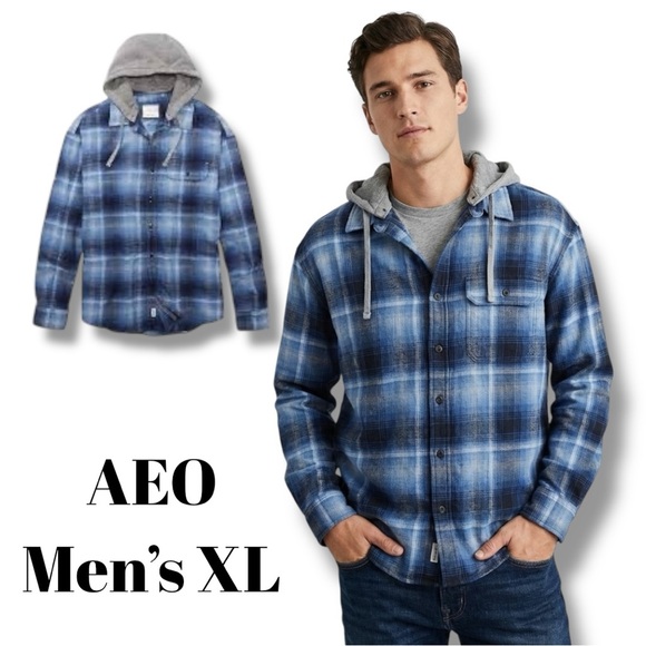 American Eagle Super Soft Flannel Shirt Hoodie Blue Plaid Removable Hood XL - Picture 8 of 16